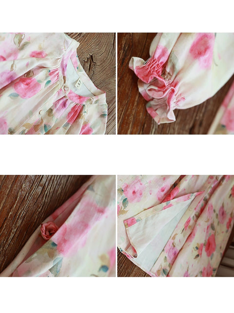 Women Artsy Spring Flower 100%Linen O-Neck Shirt Coat