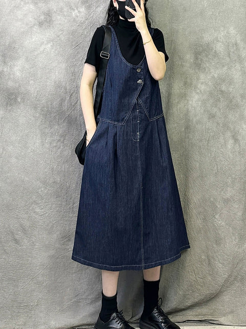 Women Spring Artsy Pure Color Denim Suspender Dress