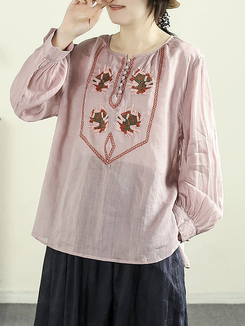 Women Spring Ethnic O-Neck Embroidery 100%Ramie Shirt