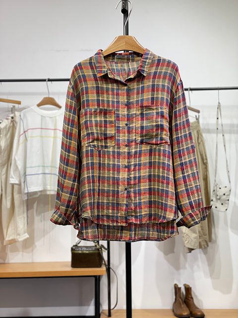 Women Artsy Spring Plaid Linen Turn-down Collar Shirt