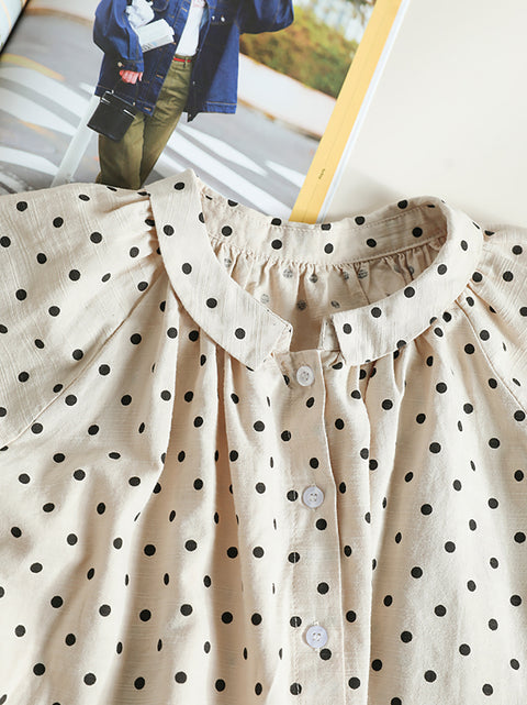 Women Spring Dot 100%Cotton Turn-down Collar Shirt