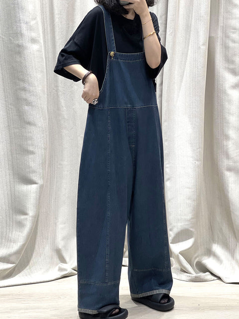 Women Summer Vintage Pure Color Denim Jumpsuits