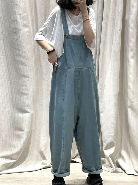 Women Summer Vintage Pure Color Denim Jumpsuits