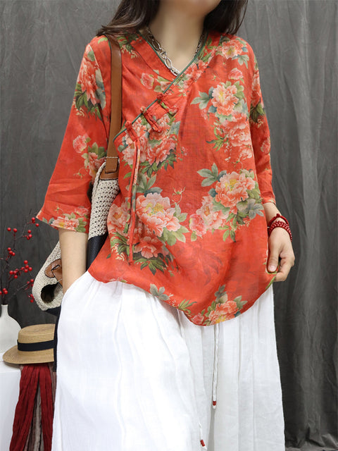 Women Spring Ethnic V-Neck Flower 100%Ramie Shirt