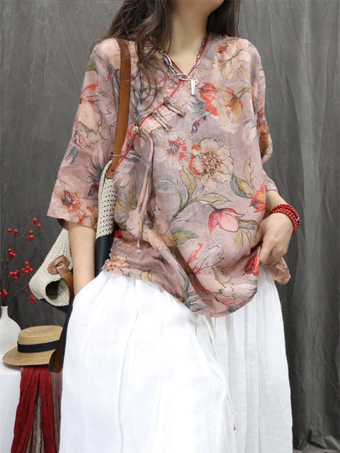 Women Spring Ethnic V-Neck Flower 100%Ramie Shirt