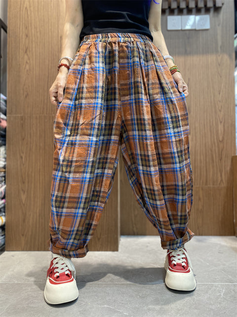 Women Vinage Spring Plaid Loose Harem Pants