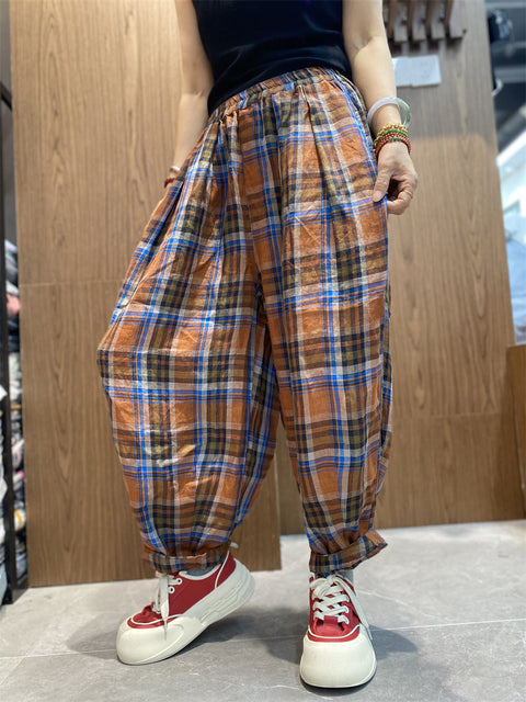 Women Vinage Spring Plaid Loose Harem Pants