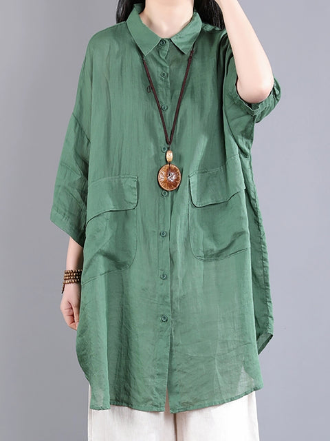 Women Summer Pure Color Ramie Long Shirt