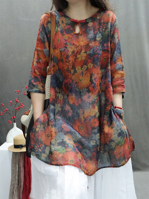 Women Spring Vintage O-Neck Flower 100%Ramie Shirt