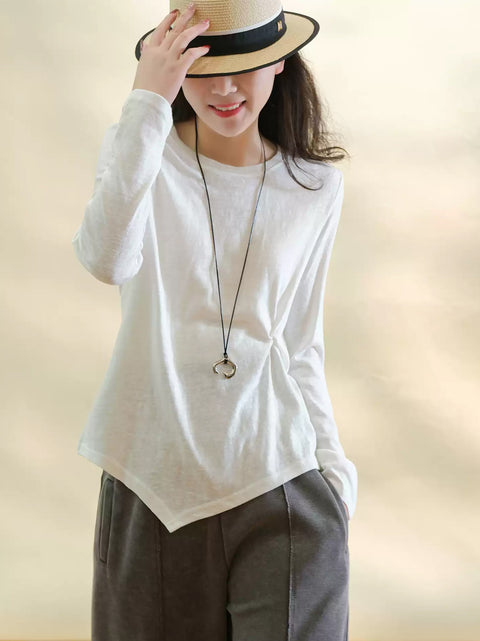 Women Spring O-Neck Pure Color Cotton Waist Fold Shirt