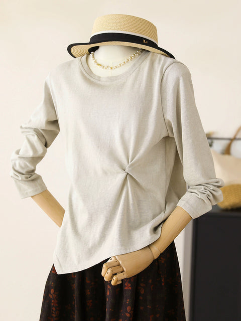 Women Spring O-Neck Pure Color Cotton Waist Fold Shirt