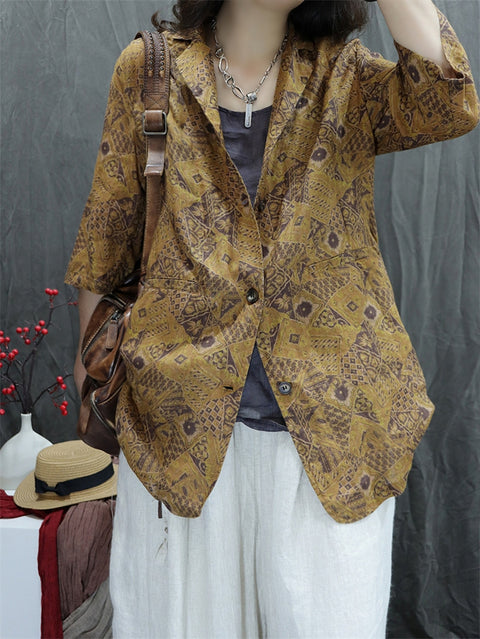 Women Summer Vintage Flower Lapel 100%Ramie Shirt