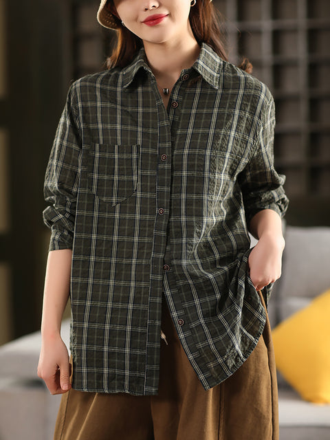 Women Artsy Plaid Turn-down Collar 100%Cotton Shirt