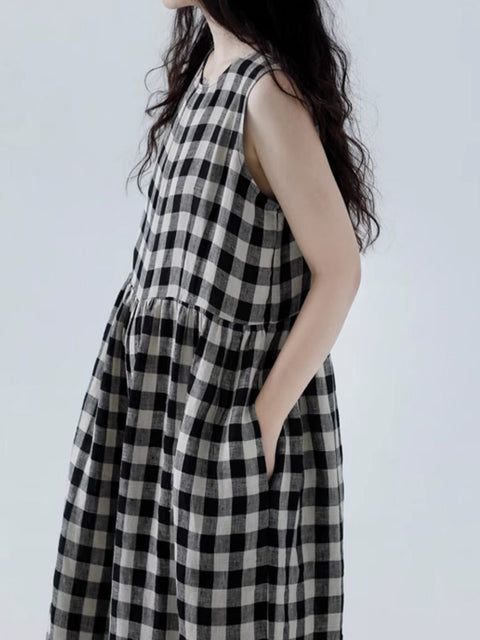 Women Summer Vintage Plaid Loose Wide-leg Jumpsuits