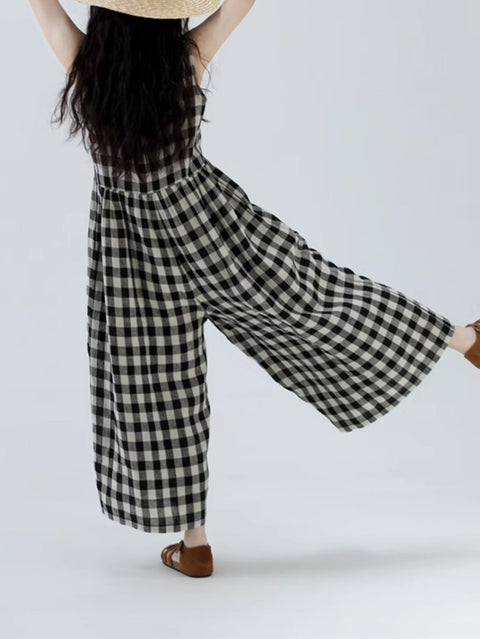 Women Summer Vintage Plaid Loose Wide-leg Jumpsuits