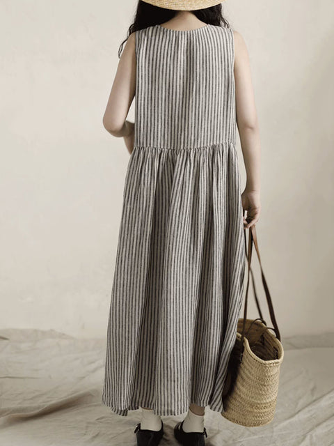 Women Spring Artsy Stripe 100%Linen Vest Maxi Dress