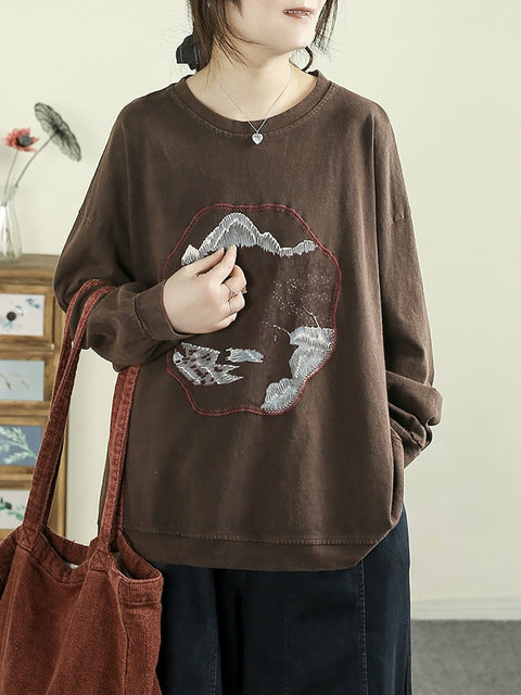 Women Spring Vintage Embroidery Cotton O-Neck Shirt