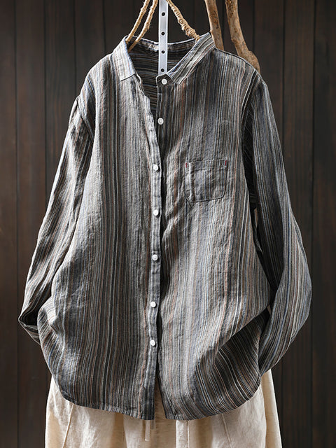 Women Artsy Stripe 100%Linen Turn-down Collar Shirt