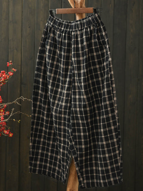 Women Spring Plaid Loose Cotton Harem Pants