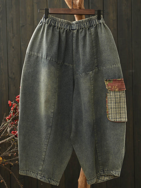 Women Vinage Denim Patch Spliced Harem Pants