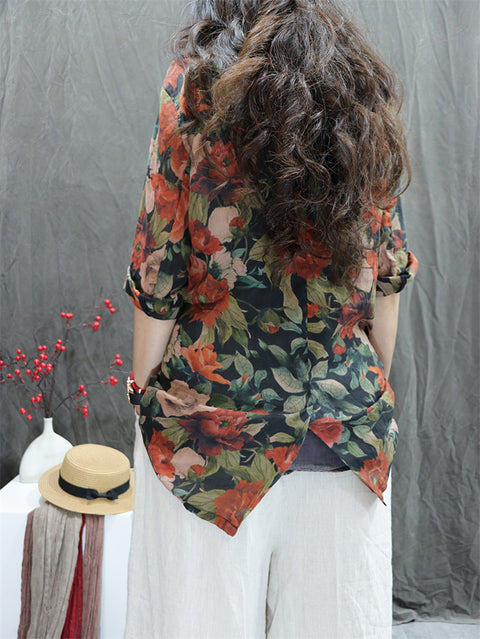 Women Artsy Spring Flower Lapel 100%Ramie Shirt