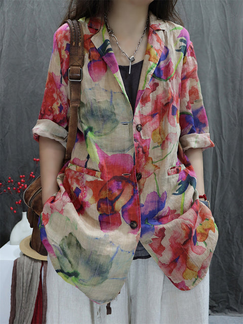 Women Artsy Spring Flower Lapel 100%Ramie Shirt