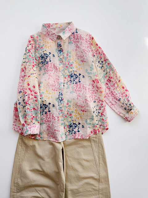 Women Artsy Spring Flower 100%Ramie Shirt