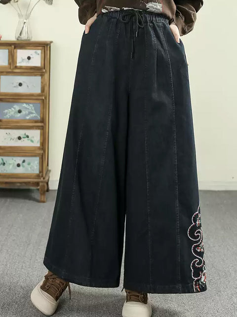 Women Vinage Embroidery Denim Wide-leg Pants