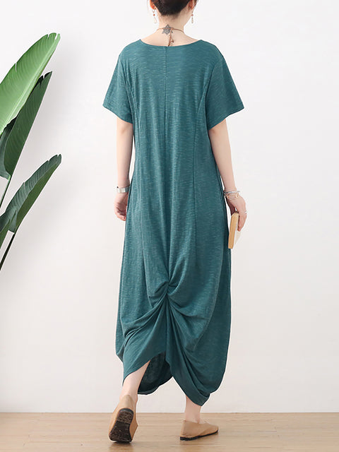 Women Summer Casual Pure Color O-Neck Dress