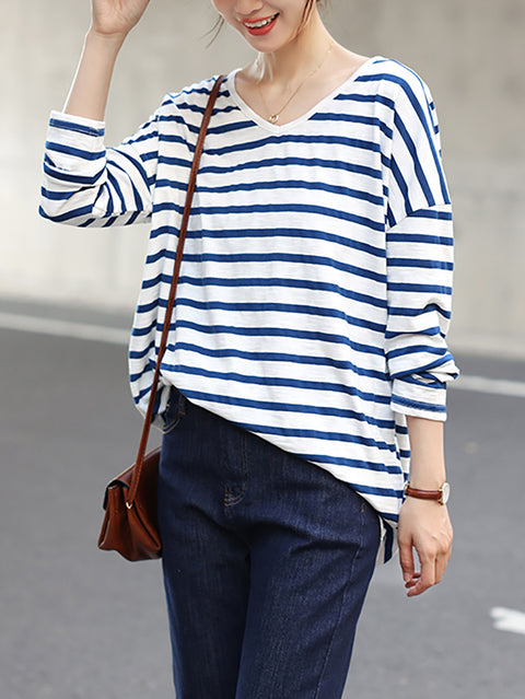 Women Summer Stripe 100%Cotton V-Neck Shirt