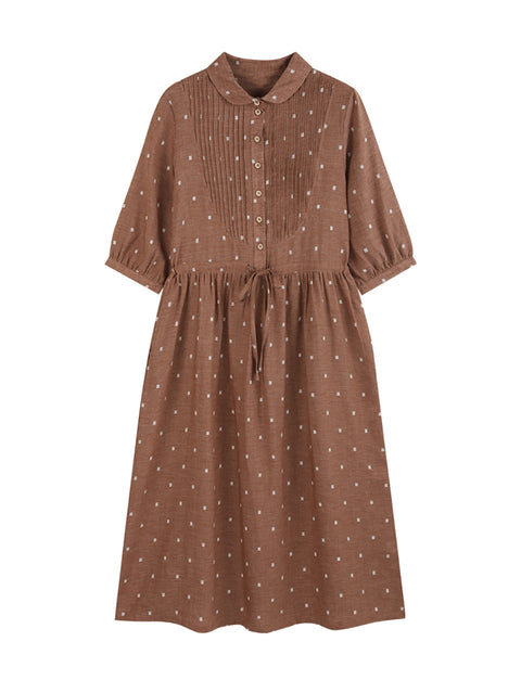 Women Artsy Summer Flower Jacquard Shirred Linen Dress