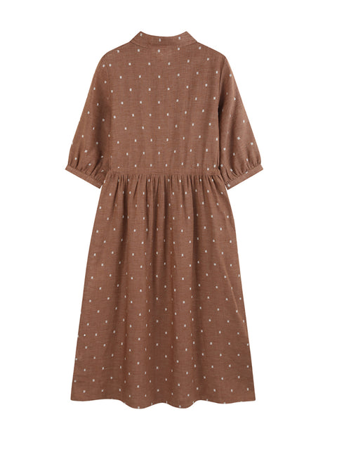 Women Artsy Summer Flower Jacquard Shirred Linen Dress