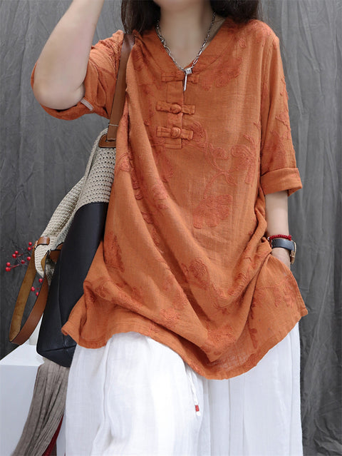 Women Retro Flower Jacquard V-Neck Cotton Linen Shirt