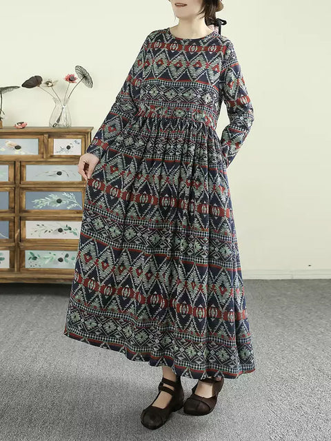 Women Spring Ethnic Print O-Neck Cotton Maxi Dress