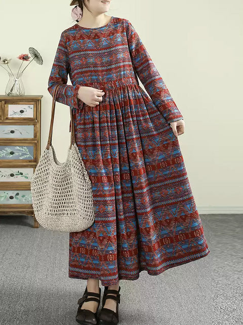 Women Spring Ethnic Print O-Neck Cotton Maxi Dress