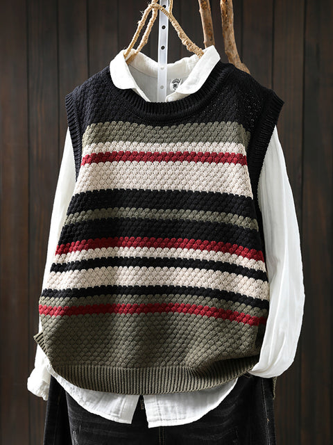 Women Spring Casual Colorblock Stripe O-Neck Knit Vest