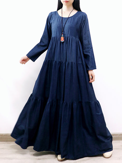 Women Spring O-Neck Denim Tiered Maxi Dress