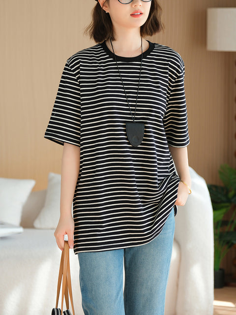 Women Summer Casual Stripe Cotton O-Neck Shirt