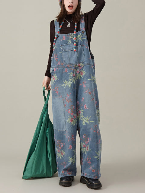 Women Summer Casual Flower Denim Wide-leg Jumpsuits