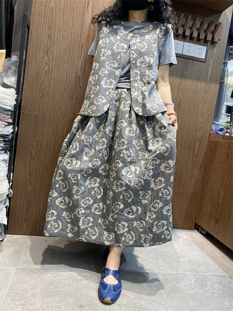 Women Spring Vintage Rose Gray Loose Suits