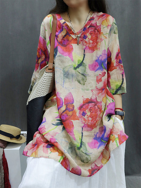 Women Spring Vintage Flower V-Neck 100%Ramie Shirt