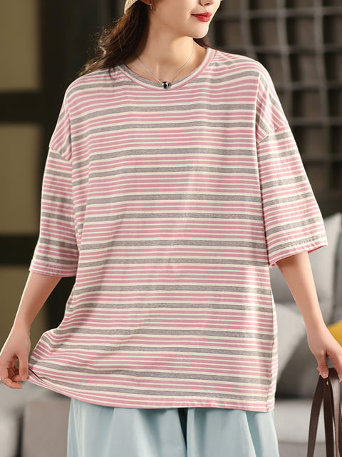 Women Summer Stripe 100%Cotton O-Neck Shirt