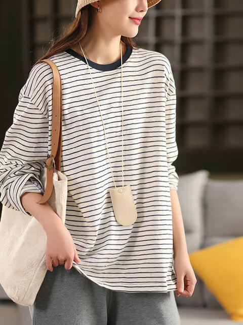 Women Spring Stripe Colorblock Cotton O-Neck Shirt