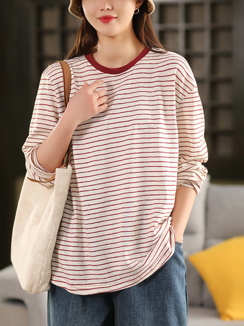 Women Spring Stripe Colorblock Cotton O-Neck Shirt