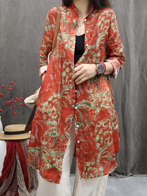 Women Vintage Flower Stand Collar 100%Linen Long Shirt