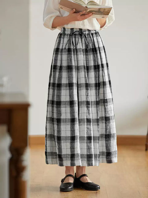 Women Summer Retro Plaid Loose 100%Linen Skirt