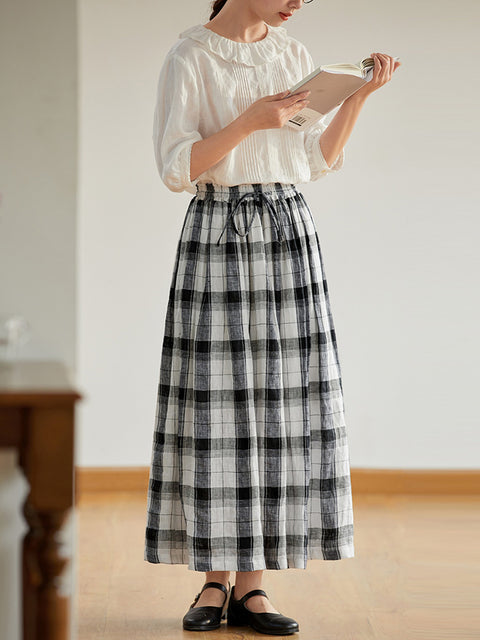 Women Summer Retro Plaid Loose 100%Linen Skirt