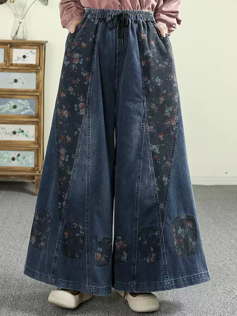 Women Spring Retro Flower Spliced Denim Wide-leg Pants