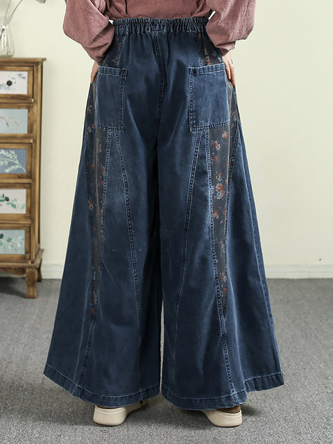 Women Spring Retro Flower Spliced Denim Wide-leg Pants