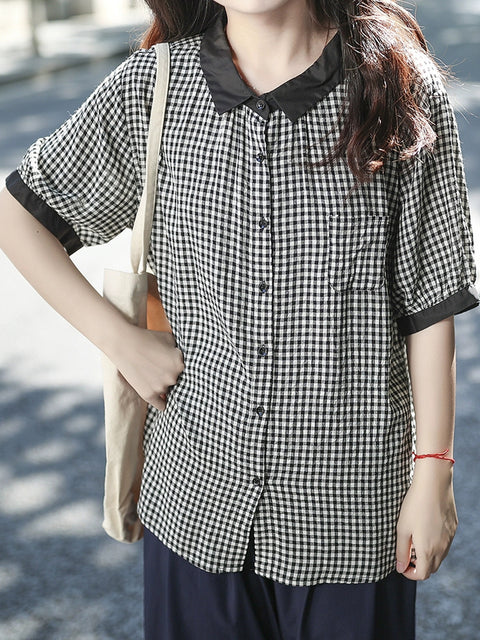 Women Summer Plaid Turn-down Collar 100%Cotton Shirt